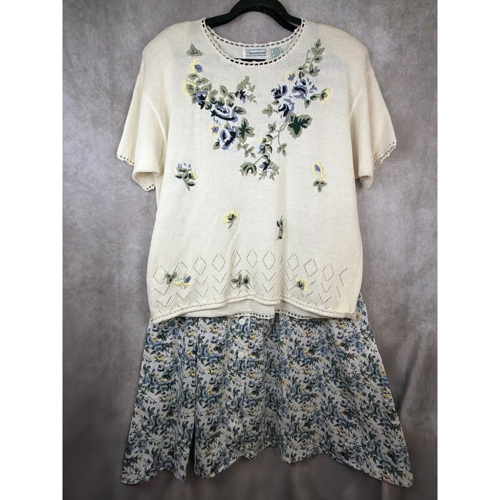 VTG 90s Shenanigans Sweater Skirt Set Womens XL Cream Blue Floral Embroidery  XL
